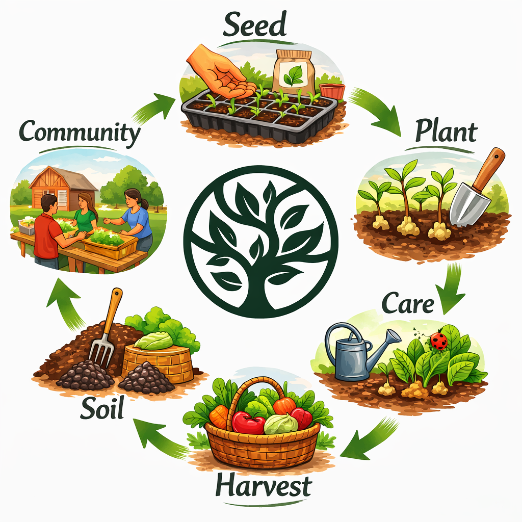 The Middle World Regenerative Farming Cycle — Seed, Plant, Care, Harvest, Soil, Community as a continuous loop