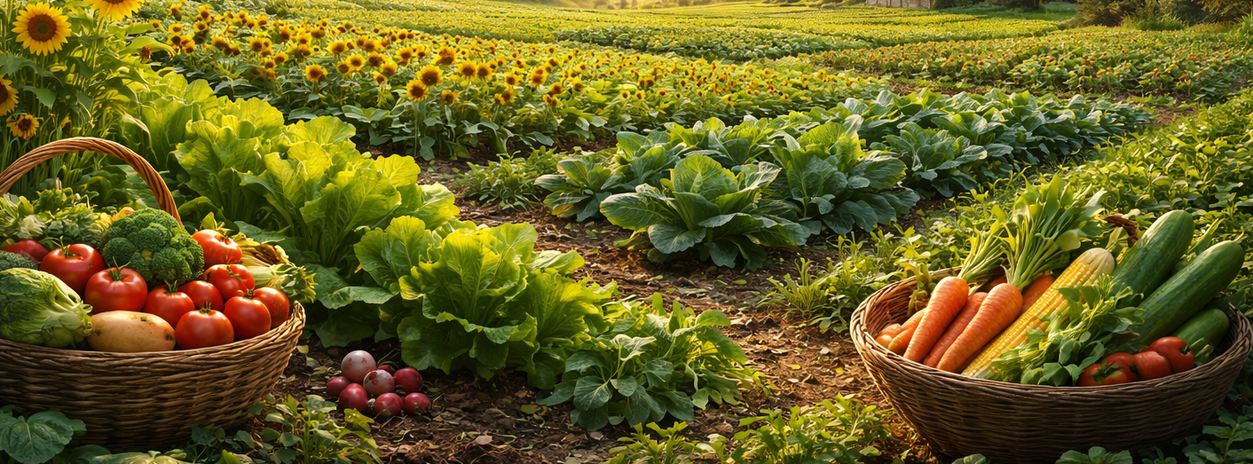 Farm field with vegetable baskets